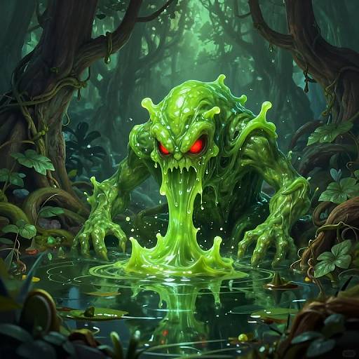 Digital art of a glowing green, slime monster with red eyes emerging from dark, dense jungle water, surrounded by vines and leaves.