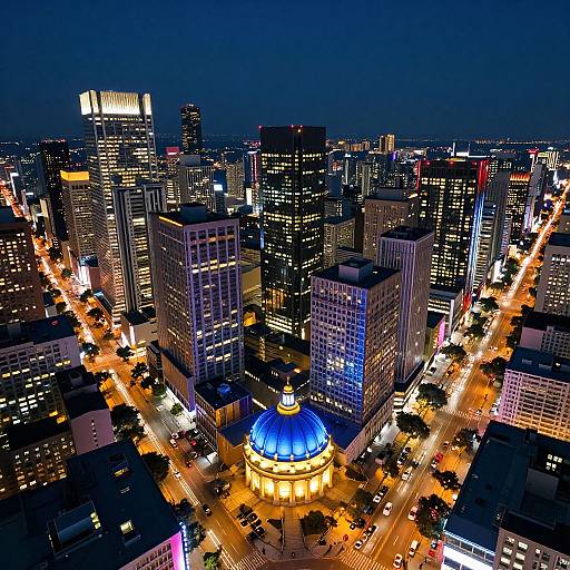 Nighttime aerial photograph of a brightly lit cityscape with a blue-domed building at the center, surrounded by tall, illuminated skyscrapers and busy