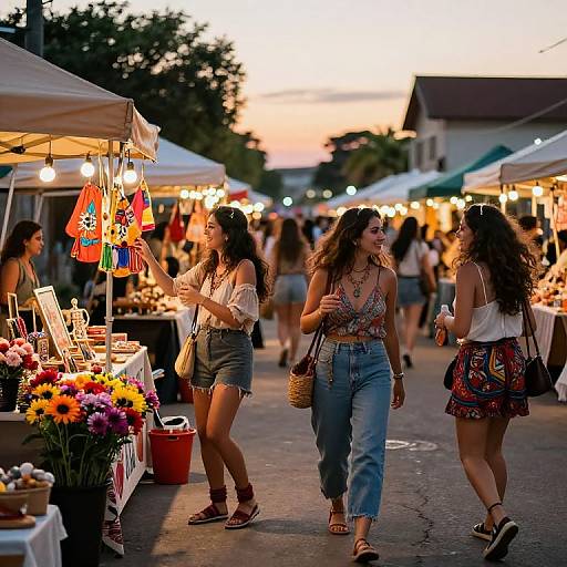 Photograph of a bustling evening outdoor market with colorful stalls, three young women in casual summer clothes, and vibrant sunset sky.