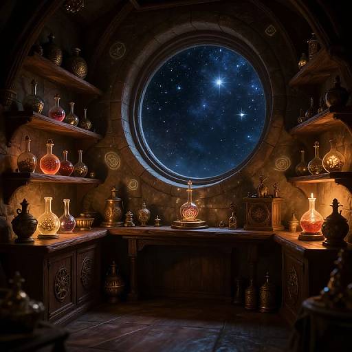 Magical alchemist's workshop with a circular window showing a starry night, illuminated by glowing potion bottles on wooden shelves.