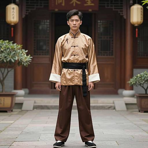 Asian Man in Traditional Chinese Tunic in Courtyard