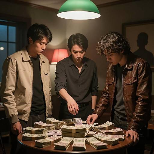 Three Men Counting Money in Dimly Lit Room