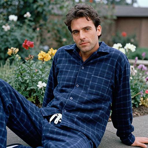 Photograph of a handsome, dark-haired man in a blue plaid pajama set, sitting outdoors on a stone path, surrounded by colorful flowers.