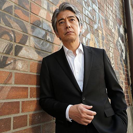 Photograph of an Asian man with gray hair, wearing a black suit and white shirt, leaning against a graffiti-covered brick wall.
