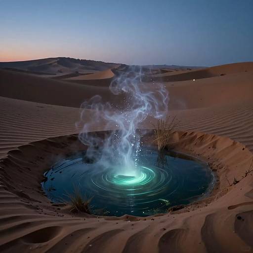 Photograph of a glowing water spring in a desert, with blue light, steam rising, surrounded by rippled sand dunes under a twilight sky.