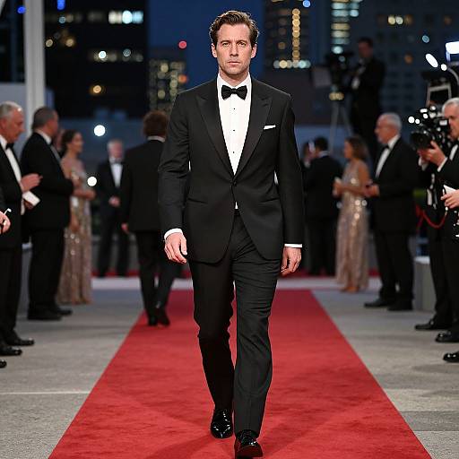 Photograph of a handsome Caucasian man in a black tuxedo with bow tie, walking confidently on a red carpet at a nighttime event, surrounded by