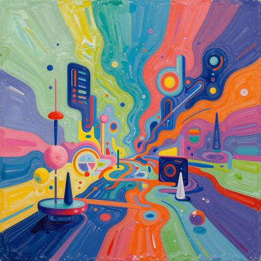 Vibrant abstract digital painting with swirling colors, geometric shapes, and futuristic structures in neon blues, reds, oranges, and yellows.