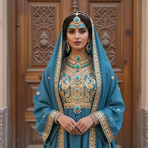 South Asian Woman in Traditional Blue and Gold Attire