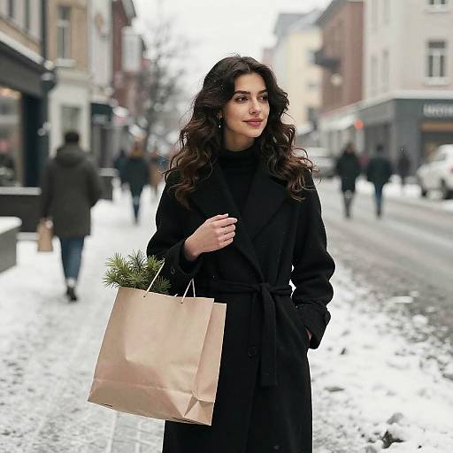 Photograph of a dark-haired woman in a black coat holding a brown shopping bag with pine, standing on a snowy city street.