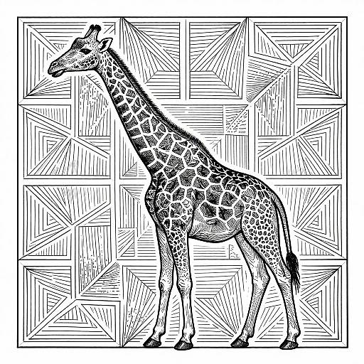 Black-and-white digital drawing of a giraffe with intricate geometric patterns on its body, standing against a complex, patterned background.