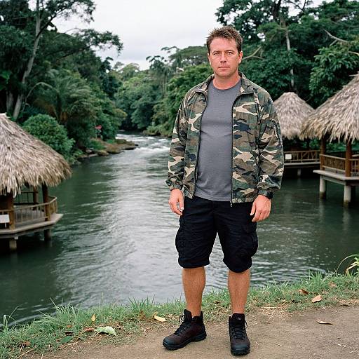 Photograph of a Caucasian man with short brown hair, wearing a camo jacket, gray t-shirt, black cargo shorts, and black sneakers, standing