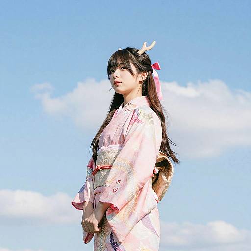 Photograph of an East Asian woman with long black hair, pink kimono, red ribbon, and small antlers, standing against a bright blue sky