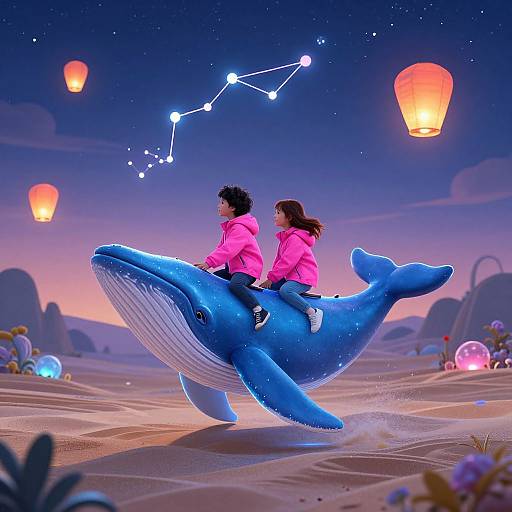 Digital illustration of two children in pink jackets riding a blue inflatable whale under a starry night sky with floating lanterns.