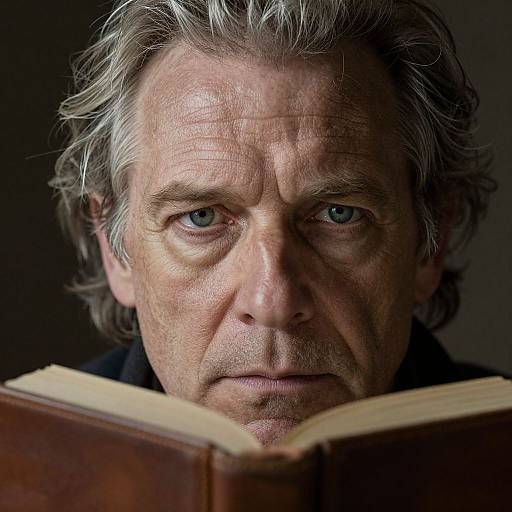 Photograph of an intense, middle-aged man with gray hair and blue eyes, closely reading an open book, dark background.