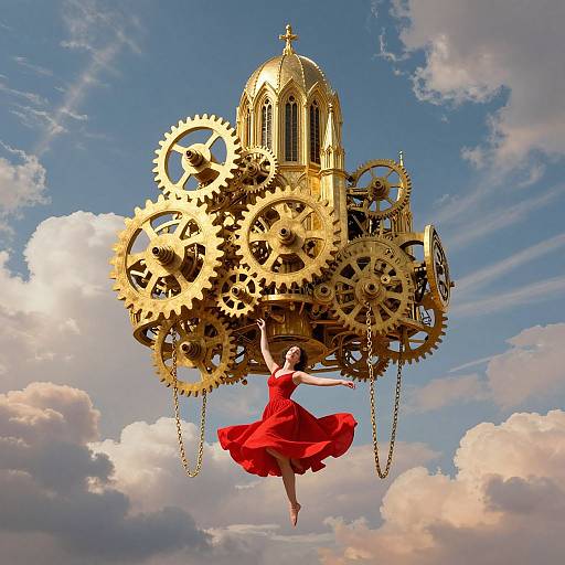 A woman in a flowing red dress floats, holding gears, beneath a golden dome against a blue, cloudy sky. Digital art.