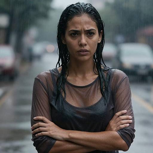 Moody Rainy Portrait of Concerned Woman