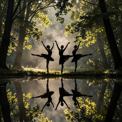 Silhouetted ballerinas with arms raised, standing on reflection in a serene forest pond, backlit by golden sunlight filtering through trees. Phot