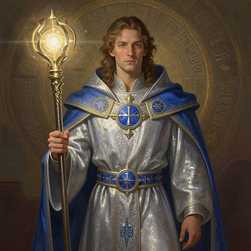 Photograph-like digital art of a young, curly-haired man in silver and blue, ornate robe, holding a glowing staff, against a mystical,