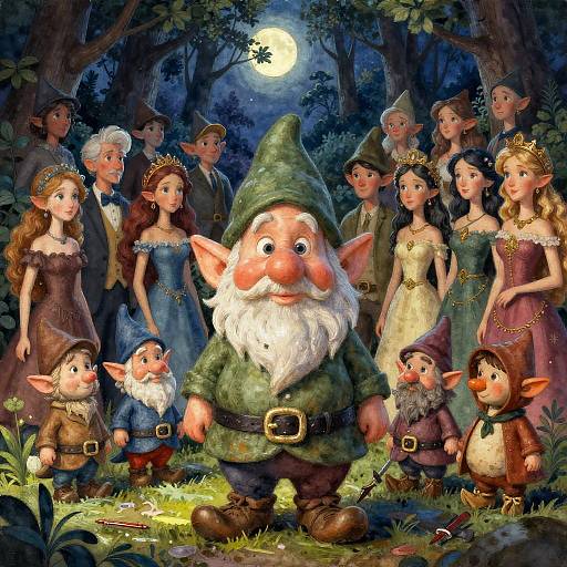 Digital illustration of a forest moonlit scene with a central, smiling gnome surrounded by elves, humans, and children, all in colorful, whimsical attire