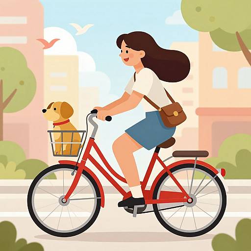 Digital illustration of a smiling woman with brown hair, wearing a white shirt and blue skirt, riding a red bicycle with a dog in a basket, against