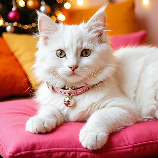 Fluffy White Kitten on Pink Cushion