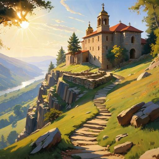 Stone Church on Hillside at Sunrise