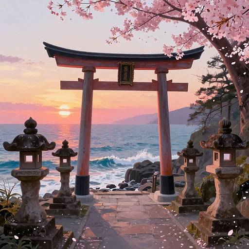 Digital painting of a Japanese torii gate at sunset, surrounded by cherry blossoms, stone lanterns, and waves crashing on a rocky shore.