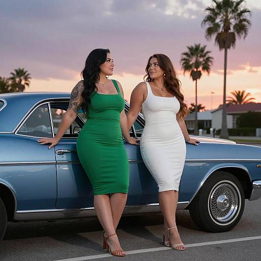 Curvy Women by Classic Car at Sunset