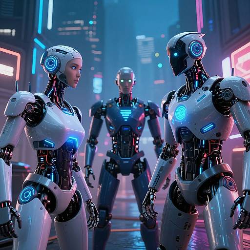 Futuristic AI Robots in Cyberpunk City