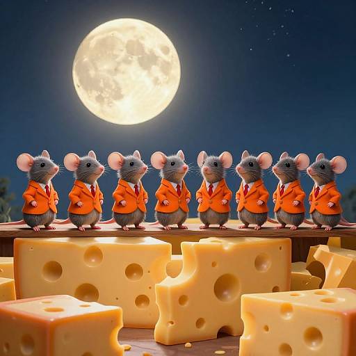 Photograph of six anthropomorphic mice in orange suits standing on cheese under a full moon, with a starry night sky.