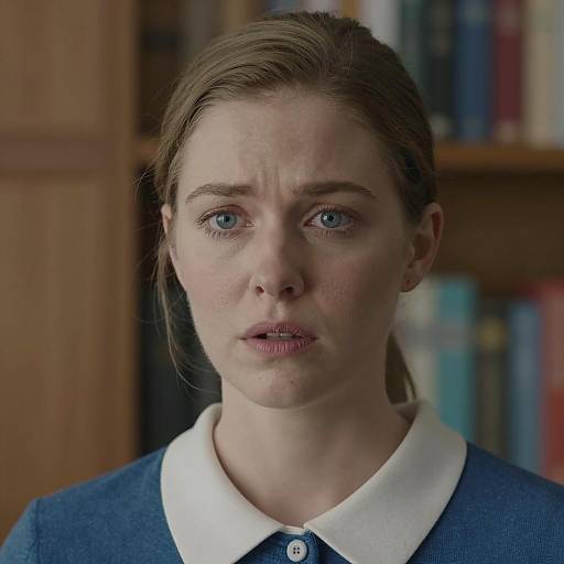 Concerned Woman in Blue Top Close-Up