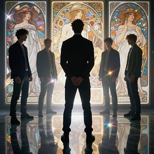 Silhouetted man in suit, standing in front of three brightly lit, detailed stained glass panels with women in flowing dresses. Reflections and star