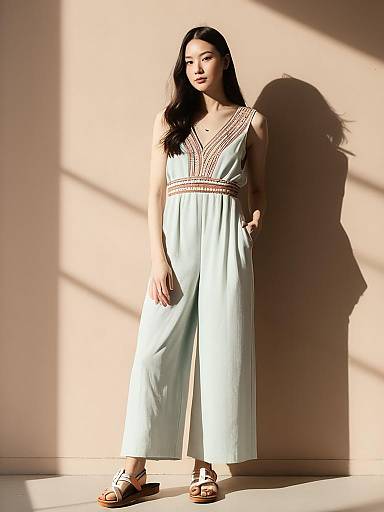 Woman in Cream Bohemian Chic Jumpsuit