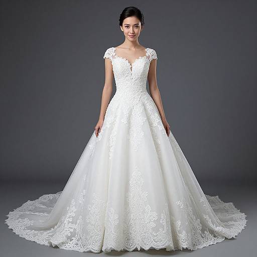 Photograph of a smiling woman in a white, lace-embellished, V-neck, cap-sleeve wedding gown with a full, flowing