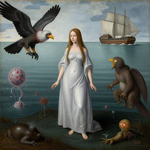 Digital painting: Fair-skinned, brown-haired woman in white dress stands on water, surrounded by a bird, werewolf, ship, and strange sea