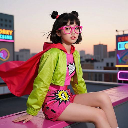 Photograph of a young woman with black pigtails, pink glasses, neon green jacket, pink comic-style dress, and red cape, sitting on