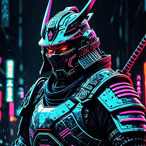 Epic Cybernetic Samurai in Neon Armor
