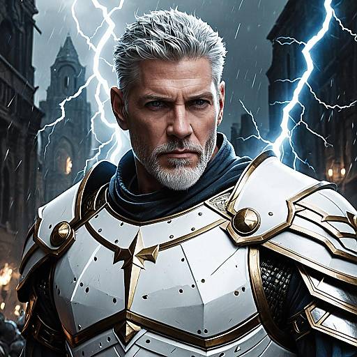 Fantasy Warrior in White Armor with Lightning