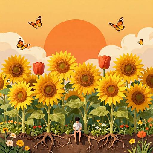 Sunflowers and Tulips in Radiant Sun