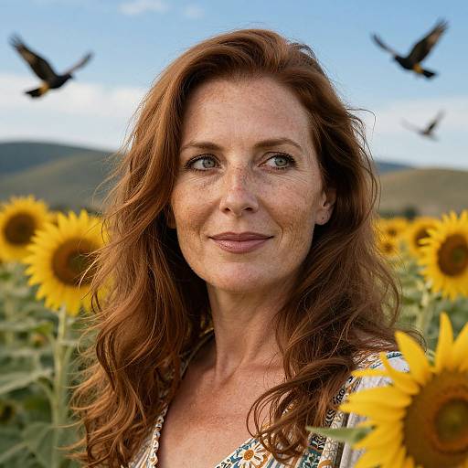 Photograph of a smiling middle-aged woman with wavy auburn hair, wearing a floral top, standing in a sunflower field with birds flying
