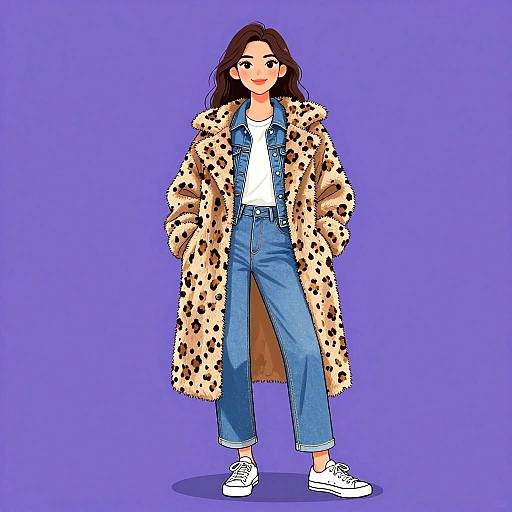 Digital illustration of a smiling woman with wavy brown hair, wearing a leopard print coat, white shirt, blue denim jacket, high-waisted jeans