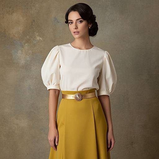 Photograph of a woman with dark hair in a half-up style, wearing a white blouse with puffed sleeves, gold belt, and mustard yellow skirt