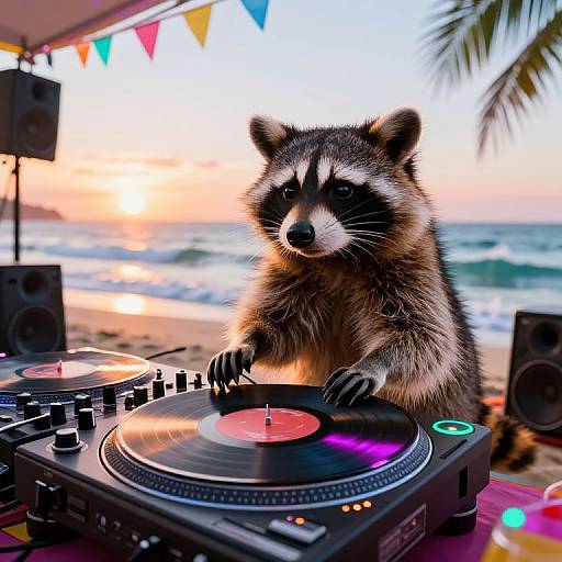 Photograph of a raccoon DJing on a beach at sunset, with colorful flags, palm leaves, and ocean waves in the background.