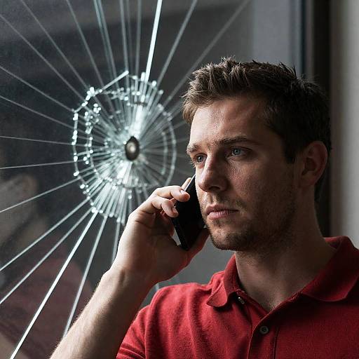 Focused Man by Cracked Glass Window