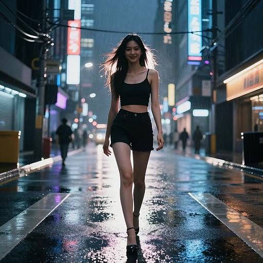 Photograph of a confident young woman with long dark hair, wearing a black crop top and shorts, walking on a rainy, neon-lit city street