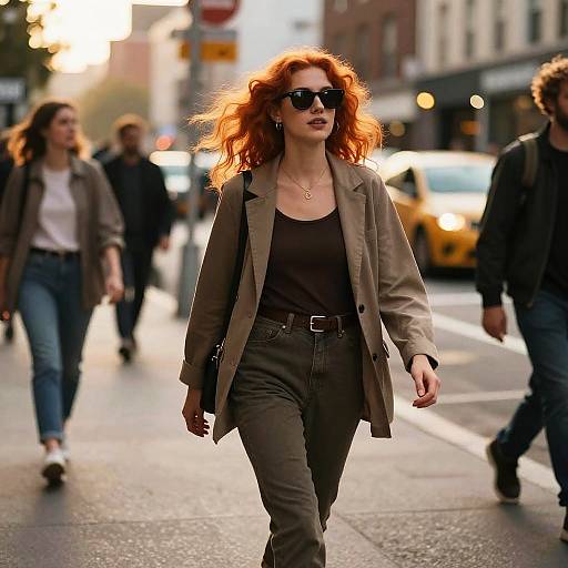 Photograph of a confident red-haired woman in dark sunglasses, brown blazer, black top, and olive pants, walking city street at sunset. Bl