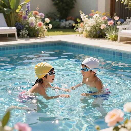 Photograph of two children, one in a yellow swim cap and the other in a white, wearing goggles, playing in a sunny blue-tiled pool