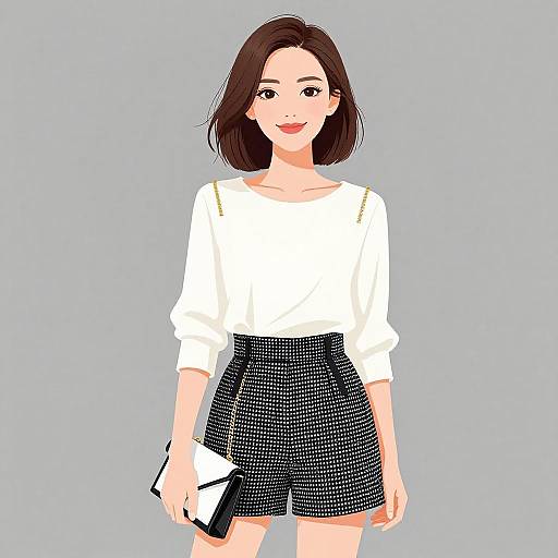 Digital illustration of a smiling woman with shoulder-length brown hair, wearing a white top and black polka dot shorts, holding a black and white phone,