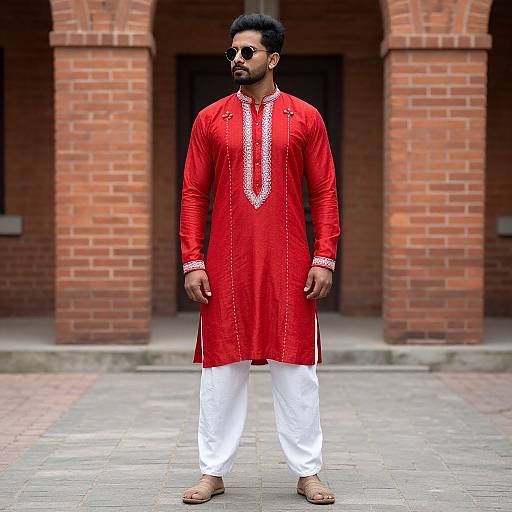 Photograph of a bearded South Asian man in a red traditional Pakistani kurta with white embroidered details, white pajamas, and brown sandals, standing