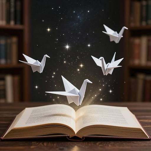 Photograph of an open book on a wooden table, glowing with white origami birds flying upwards into a starry night sky.